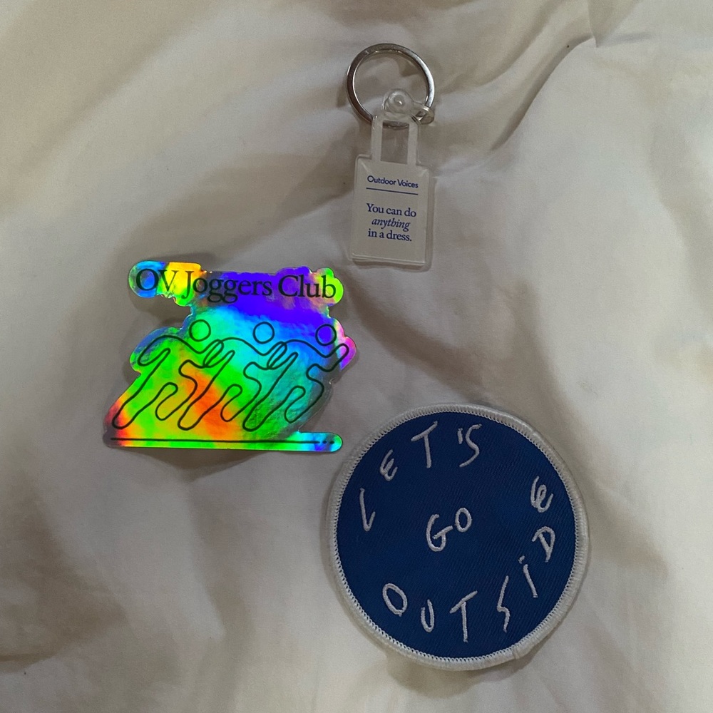 Outdoor Voices bundle of patch, sticker, and keychain